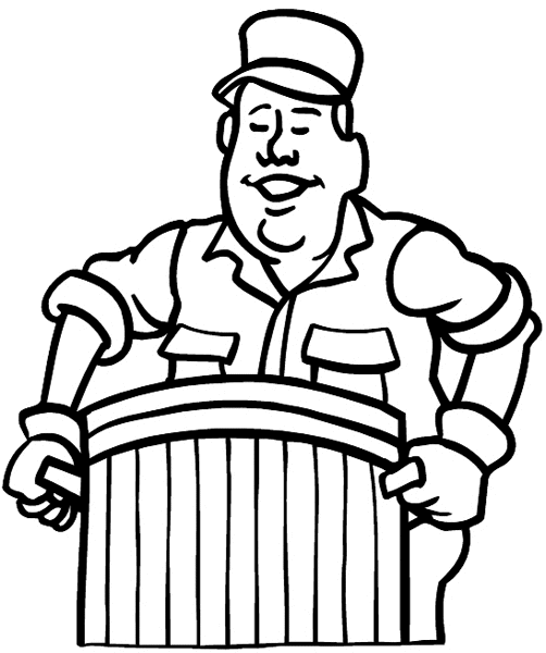 Man lifting trash can vinyl sticker. Customize on line. Sundry Experts 089-0158